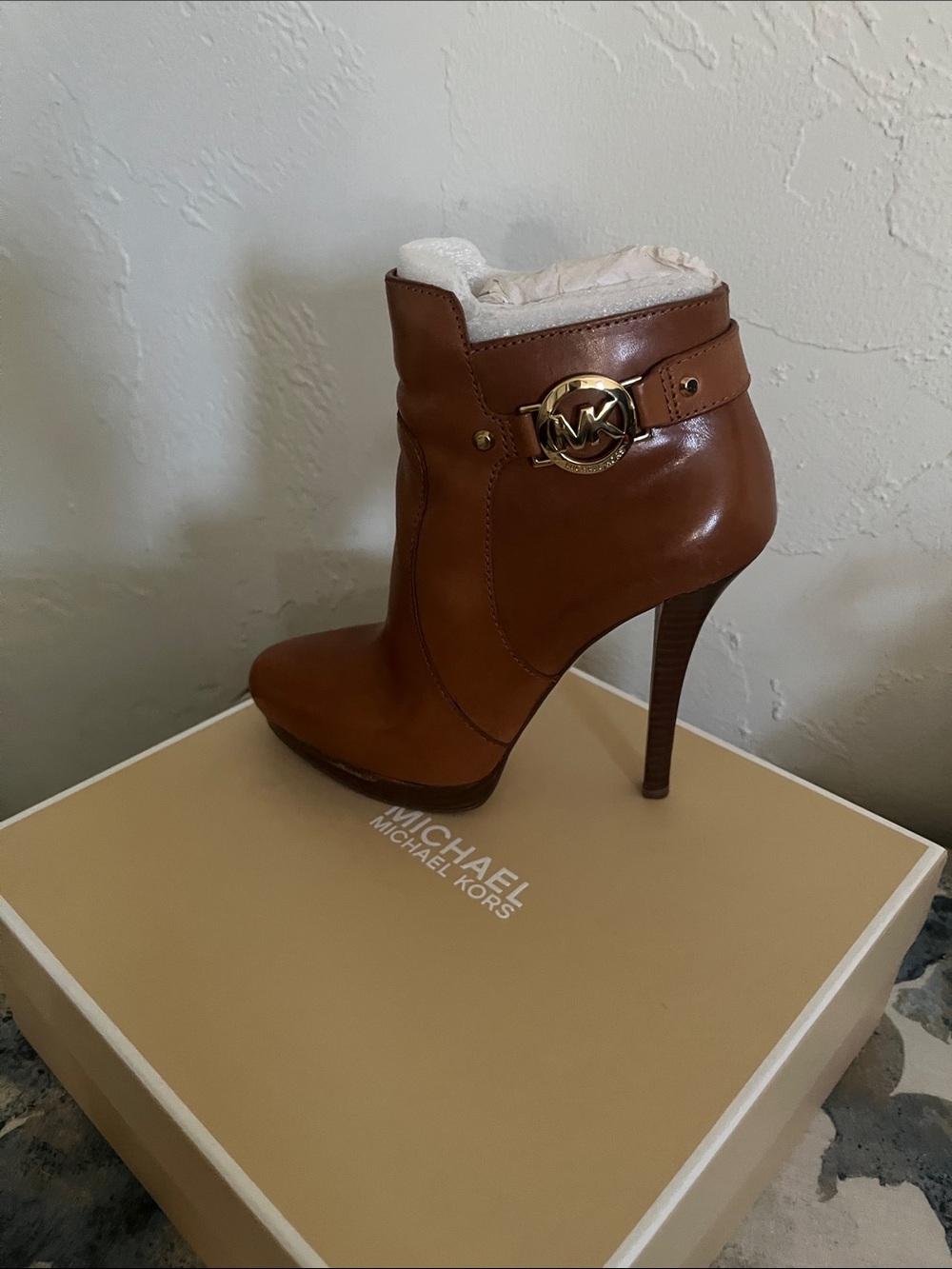Michael Kors Cognac Leather Stiletto Ankle Boot with Gold MK Emblem